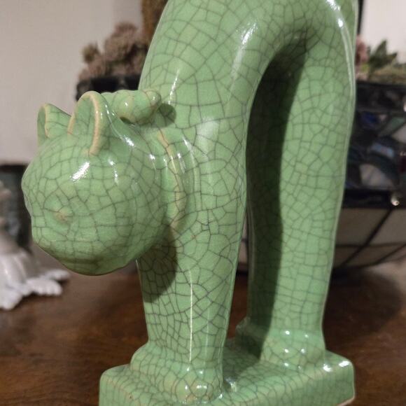 Antique Japanese Celadon Crackle Glazed Green Porcelain Cat Figurine - Picture 10 of 12